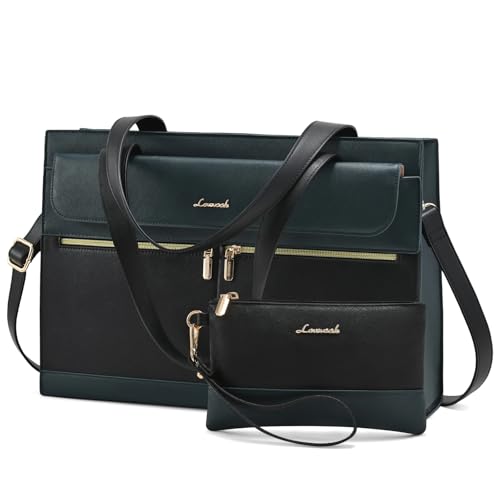 Laptop Bag for Women Leather Laptop Tote Bag Large Computer Bag Waterproof Business Office Work Bag - color: Green-black, size: 15.6 Inch