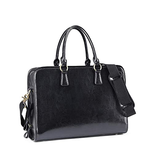 Kattee Genuine Leather Briefcase for Women, Large Capacity Laptop Bag | Genuine leather, spacious fits 14" laptop. Multiple pockets. Ideal for work, business travel - color: Black
