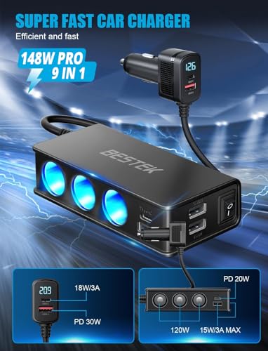 BESTEK 9 in 1 Cigarette Lighter Splitter 148W 3-Socket Car Cigarette Lighter PD30W and 4 USB-A QC3.0 18W with LED Display 12V/24V Cigarette Lighter Adapter for Dash Cam, GPS, iPad/Laptop/Phone - color: Black-1