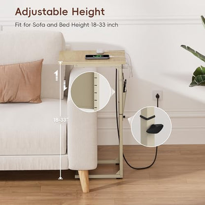 Vagusicc C Shaped End Table with Charging Station, Adjustable Height C Table End Table, Small Side Table for Couch, Couch Table Slide Under Sofa Table TV Tray Arm Table for Living Room,Bedroom,Natural - color: Natural Walnut, style: With Plug