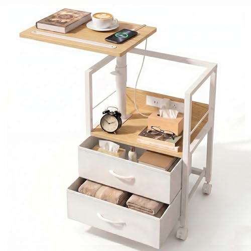 Faesun Swivel Lift Top Nightstand with Charging Station, Rolling Side Table for Recliner, Bedside Table with Wheels & 2 Fabric Drawers, for Small Spaces, for Bedroom, Living Room, Oak White - color: 05 - Oak White, size: 2 Drawers