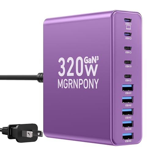 320W USB C Charger Block, 10-Port GaN USB C Charging Station Purple | PD 65W Laptop Fast Charger Adapter for MacBook Pro/Air, DELL, iPad, iPhone, Samsung Galaxy - color: Purple