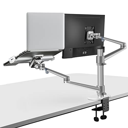 Viozon Monitor and Laptop Mount, 2-in-1 Adjustable Dual Arm Desk Mounts Single Desk Arm Stand/Holder for 17 to 32 Inch LCD Computer Screens, Extra Tray Fits 12 to 17 inch Laptops (Silver) - color: Silver