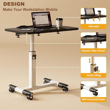 Adjustable Overbed Laptop Desk with Wheels, Tilting Rolling Laptop Stand for Bed and Couch, Mobile Standing Desk for Home Office, Height Adjustable Computer Table for Hospital
