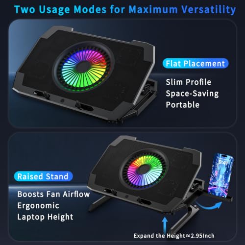 LP-2 Laptop Cooling Pad & Phone Holder, Dual-Mode Ergonomic Laptop Cooling Stand with 7 Adjustable Heights, 5 RGB High-Performance Quiet Laptop Fans, 2 USB Ports & 3 Speeds Laptop Cooler for 15–21Inch