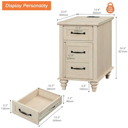 WAMPAT Beige End Table with Charging Station, Narrow Side Table with 1 Drawer &1 Storage Cabinet, Mid Century Modern Nightstand with Power Outlets & USB Ports for Living Room, Bedroom - color: Beige