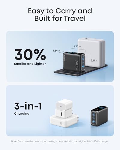 Anker 100W Max USB C Charger, 3-Port GaN Phone Charger with Smart Display | Ultra-Compact Fast Laptop Charger with Touch Control for iPhone 17 Series,iPad,MacBook Pro/Air(Include Cable,Non-Battery) - color: Dark Gray