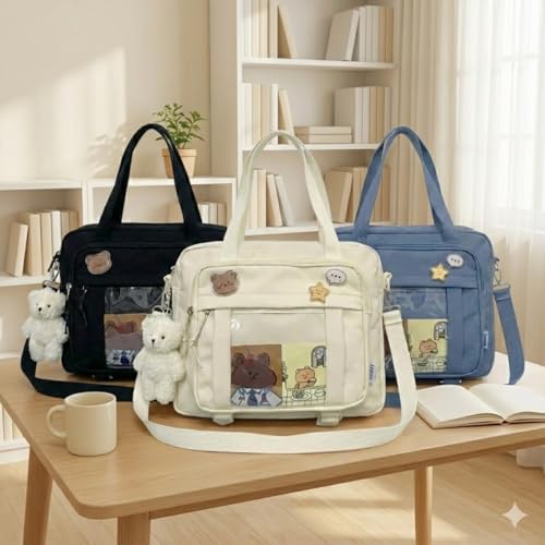 Kawaii Crossbody Ita Bag for Women with Pin & Plush Bear - Japanese Messenger Bags Y2K Shoulder Purse - color: B Pro Blue (Fits 13.4" Laptop)