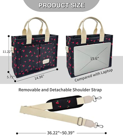 Large Canvas Tote Bag for Women Work Tote Bags with Pockets Laptop Crossbody Purses Everyday Bag Handbags for Travel - color: New Upgrade Plus Cherry Black