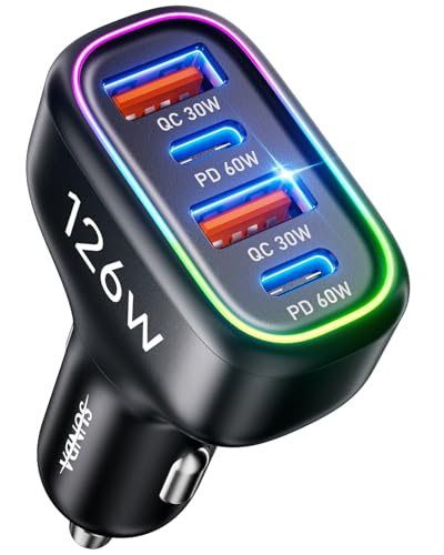 USB C Car Charger, 126W [Dual PD60W&QC30W] Cigarette Lighter USB Car Charger Adapter Fast Charging 4 Ports Car Phone Charger for iPhone 16/15/14/13/12, Samsung Galaxy S24/S23 Google Pixel Laptop