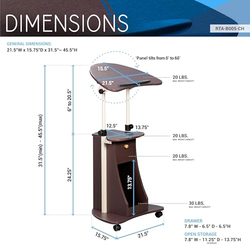 Techni Mobili Sit-to-Stand Rolling Adjustable Storage Medical Laptop Computer Cart, Chocolate, B005 | Adjustable height rolling laptop cart with storage, open shelf, wheels, sit‑to‑stand ideal for podium office medical use - color: Chocolate