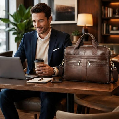 Men's Leather Laptop Bag 15 IN, Water-Resistant Briefcase Messenger Bag for Work, Business, Shoulder Crossbody Office Satchel - color: Brown-3