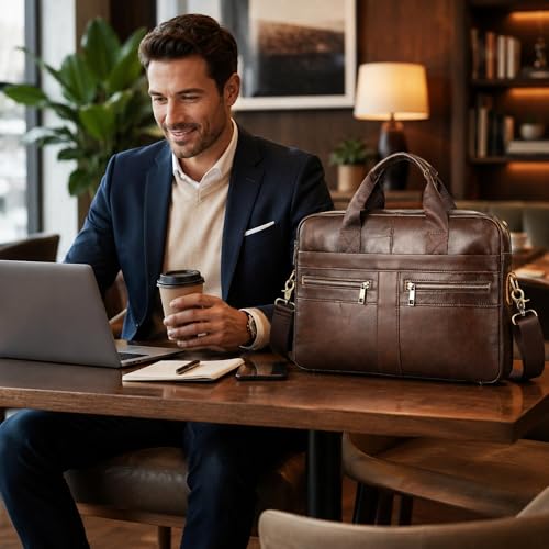 Men's Leather Laptop Bag 15 IN, Water-Resistant Briefcase Messenger Bag for Work, Business, Shoulder Crossbody Office Satchel - color: Brown-3