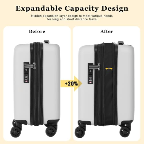 CENSIEN 16 Inch Underseat Carry On Luggage Airline Approved, Expandable Lightweight ABS+PC Hard Shell Suitcases with 360° Spinner Wheels, TSA Lock, YKK Zipper, for Business Weekender (White, 1 PC) - color: White, size: Underseat - 16 Inch - EXT