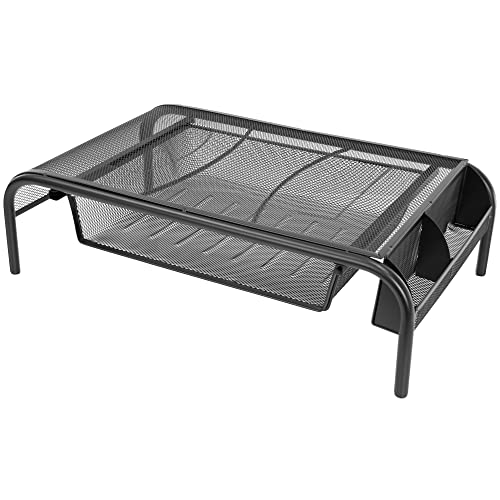 Mount-It! Metal Mesh Monitor Stand with Drawer, Ergonomic Desk Organizer and Riser for Monitors and Laptops, Desktop Stand with Extra Storage and Side Pocket, Black