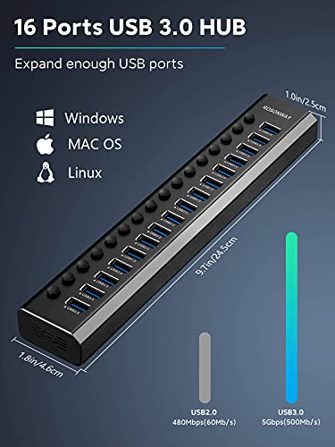 Powered USB Hub Rosonway 16 Ports 96W USB 3.0 Data Hub Aluminum USB Hub 3.0 Splitter with 12V/8A Power Adapter and Individual On/Off Switches RSH-A16 (Black) - size: 16 Ports USB 3.0 hub