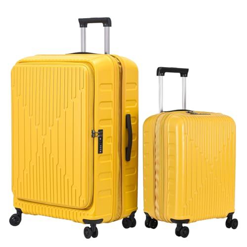 Kaleenie 2 PCS 20/29 Luggage Sets, 20” Cabin Luggage 29” Side Open Suitcase | 20 Inch with Front Pocket,29 Inch Checked Trunk Suitcase,Lightweight ABS+PC Hardshell,TSA Lock,HINOMOTO 360° Wheels,Yellow - color: Yellow, size: 20/29 Set