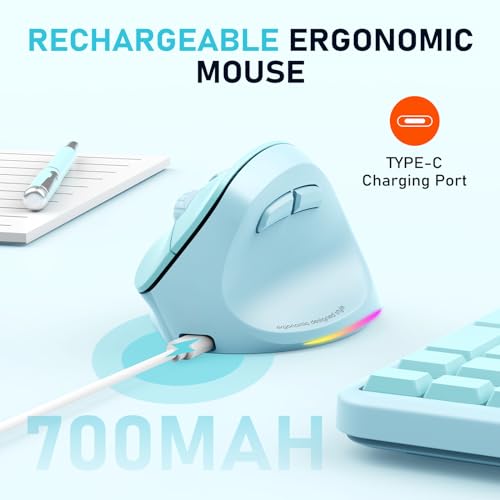 MEETION Ergonomic Wireless Vertical Mouse, Rechargeable, Blue | Bluetooth 5.2 + 3.0 and USB connectivity, RGB backlight, 4 DPI adjustment, compatible with Windows, Mac, Android, PC and iPad - color: Right Blue