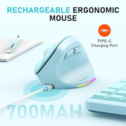 MEETION Ergonomic Wireless Vertical Mouse, Rechargeable, Blue | Bluetooth 5.2 + 3.0 and USB connectivity, RGB backlight, 4 DPI adjustment, compatible with Windows, Mac, Android, PC and iPad - color: Right Blue