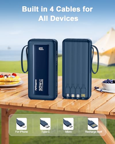 Portable Charger 27000mAh 30W Fast Charging Power Bank | Built-in Cables, LED Display, 6 Outputs & 2 Inputs, USB C Battery Pack, Compatible with iPhone, Samsung, Google - color: Dark Blue, size: 27000Mah