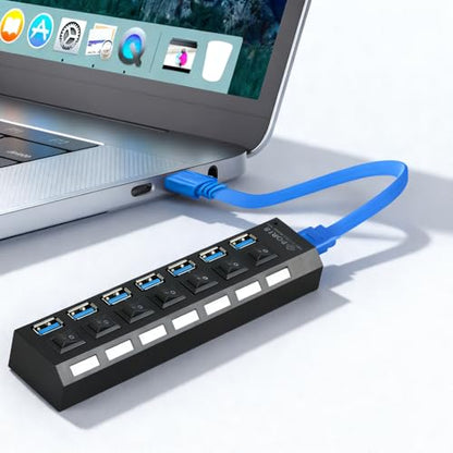 7-Port USB 3.0 Hub with Independent LED Switch, 5Gbps Data Transmission, Universal USB Extension Cable for Laptop, PC, Mac mini, iMac, Surface Pro - Durable PC Material, No Battery Required
