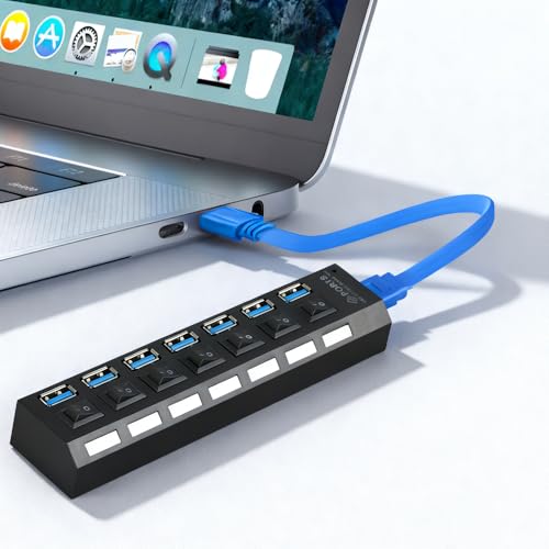 7-Port USB 3.0 Hub with Independent LED Switch, 5Gbps Data Transmission, Universal USB Extension Cable for Laptop, PC, Mac mini, iMac, Surface Pro - Durable PC Material, No Battery Required