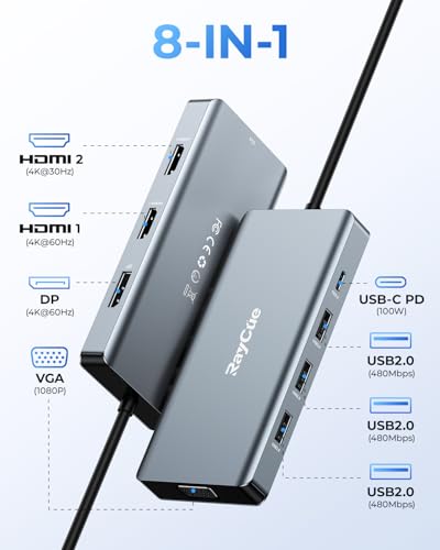 USB C Docking Station Dual Monitor Adapter, 8 in 1 Laptop Docking Station 3 Monitors Quadruple Display USB C Hub Dongle to 4K HDMI+DP+VGA - color: Silver