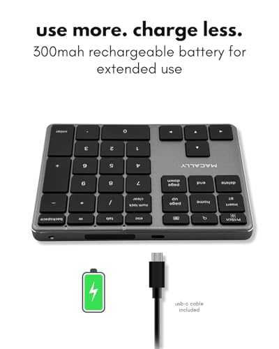 Macally Bluetooth Number Pad for Laptop - Slim Aluminum Design - Rechargeable Wireless Numeric Keypad - 35 Key Numpad Keyboard for Data Entry - for Mac, MacBook Pro/Air, iPad, iPhone, iOS, PC, Android - color: Space Gray