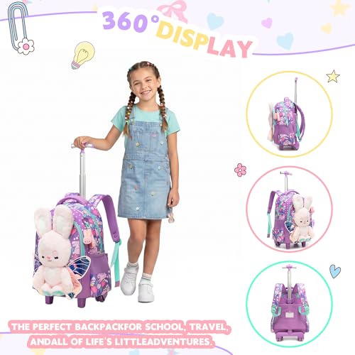 Meetbelify Rolling Backpack for Girls Backpacks with Wheels for Elementary Student Kids School Travel Bag for Girls Ages 6-8 Years Old - color: Purple Rabbit