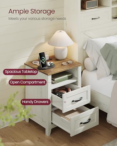 VASAGLE LIRY Collection - Farmhouse Nightstands with Charging Station, Set of 2 Bedside Tables, Side Tables with 2 Drawers, Open Compartment, for Bedroom, Rustic White and Honey Brown ULET869W01 - color: Rustic White + Honey Brown, size: 2 PACK, style: 17