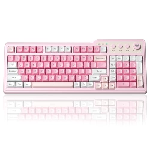 Aula F3099 Wireless Keyboard with Media Knob, Tri-Mode BT5.0/2.4GHz/USB-C Cute Creamy Keyboard with Number Pad, RGB Backlit Gaming Keyboard, Quiet Typing Pink Computer Keyboards for Office Laptop/PC - color: White & Pink