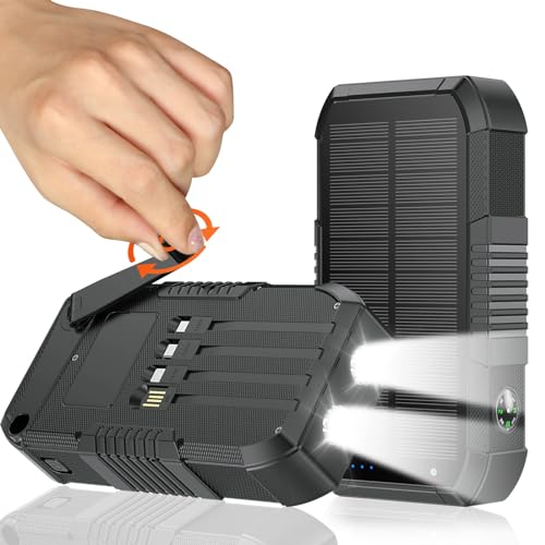 Solar Power Bank 66800mAh Built in Hand Crank and 4 Cables 22.5W Fast Charge, Camping Essentials with SOS/Strobe/Strong Flashlights, Compass Portable Charger (Black) - color: Black