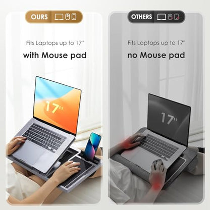 Adjustable Laptop Desk with Cushion, Mouse Pad & Cellphone Slot - Laptop Stand for Bed & Couch, Riser for Home & Office (Grey) | Built-in mouse pad, phone & pen slots, dual-cushion base, anti-slip design, raises the screen, for home office, bed, sofa - co