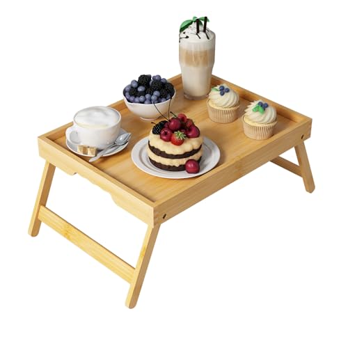 Youpehom Bamboo Bed Tray Table with Folding Legs, Medium, Bamboo | Bamboo bed tray with folding legs, handles and raised edges for meals, laptops, reading and serving in bed or on a sofa. - color: Bamboo, size: Medium