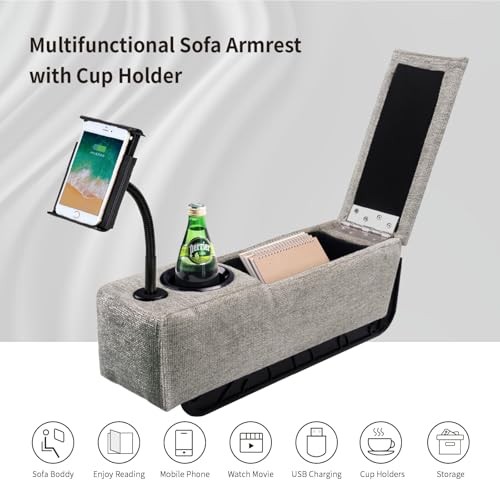 Multifunctional Sofa Armrest, Couch Armrest with Wireless Charge Stand, Removable Couch Caddy with Storage,Including LED Reading Light - color: Pewter, size: Fabric-1 CUP