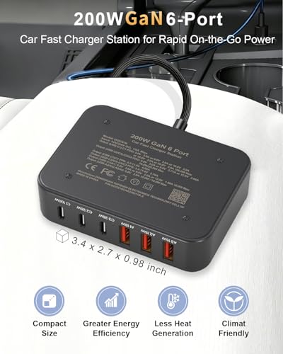 200W Car Charger 6-Port USB Car Charging Station - 12V 24V Cigarette Lighter Adapter Fast Charging Road Trip Automobile Charger for iPhone 17/16 Pro Max, MacBook Pro/Air, Laptop, iPad, Tablet