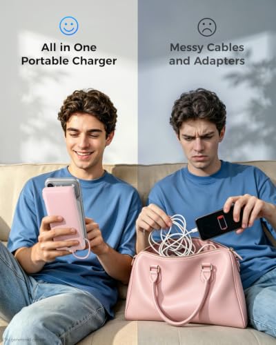 VEGER Portable Charger with Built-in AC Plug and Cables, All in One 10000mAh Ultra Slim Power Bank Travel Essentials, USB C External Battery Pack Compatible with iPhone, Samsung, More, Dark Pink - color: F Dark Pink