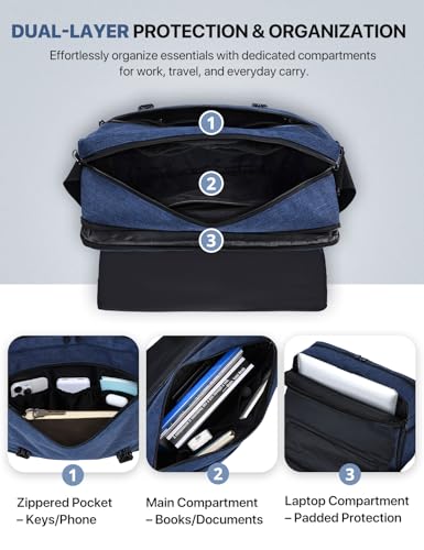 VX VONXURY Messenger Bag for Men, Fits 15.6-inch Laptop, Luggage Strap | Shoulder Satchel Bag for Work, 2 Large Compartments, Side Pockets, Water Resistant, Adjustable Buckles, Rugged Bottom - color: Blue 15in Laptop Bag