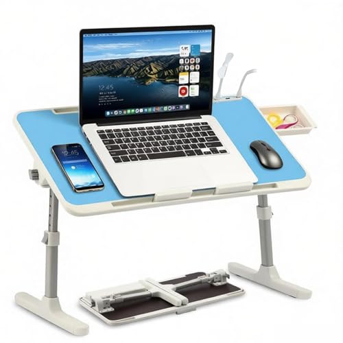 Adjustable Lap Desk with USB Fan & LED Light, Height & Angle Adjustable Laptop Bed Tray Table, Foldable Laptop Stand for Bed, Couch, Sofa & Floor, Blue - color: Blue