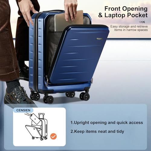 CENSIEN 20 Inch Carry On Luggage 22×14×9 Airline Approved with Front Pocket | Front Opening with Laptop Pocket,Lightweight ABS+PC Hard Shell Suitcases,360° Spinner Wheels,TSA Lock,YKK Zipper,Blue - color: Navy Blue, size: 20 Inch