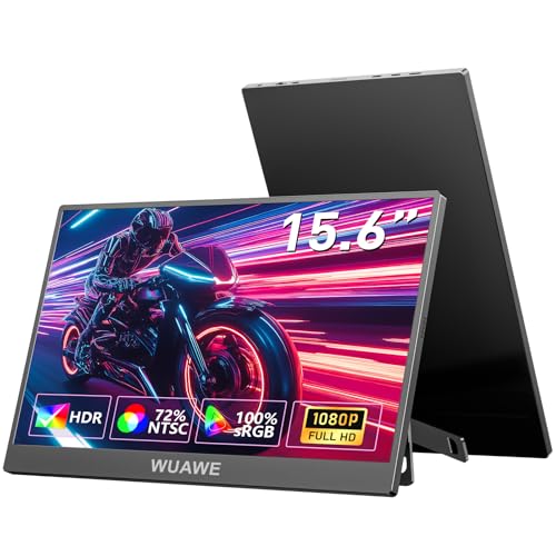 WUAWE Portable Monitor 15.6 Inch, 72% NTSC 100% sRGB USB C HDMI Travel Monitor for Laptop with Built-in Stand, HDR Freesync Low Blue Light for PC Mac Phone PS5 Switch.