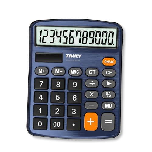 TRULY 12 Digits Desktop Calculator with Large LCD Display and Sensitive Button, Dual Solar Power and Battery, Standard Function for Office, Home, School, Metal Body, 837A Pro Blue - color: Deep Blue
