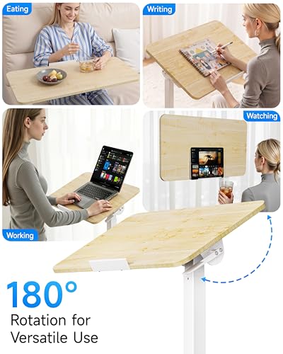 BIZUM Mobile Standing Desk Laptop Desk Pneumatic with Wheels 180° Tilt Top Hospital Bed Table Portable Rolling Cart Foldable Bedside Table for Hospital&Home Use, Maple - color: Maple