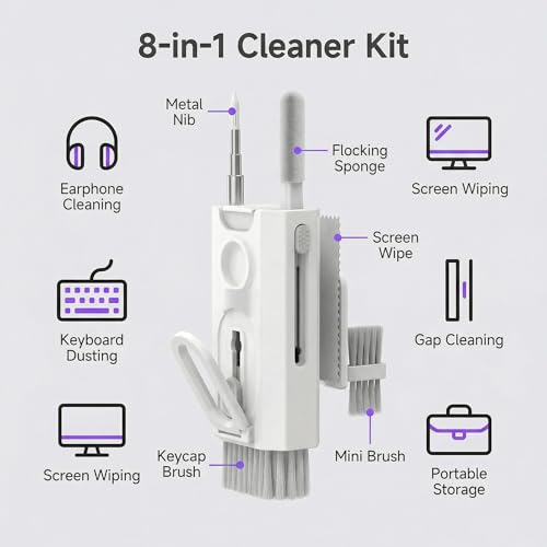 8-in-1 Electronics Cleaning Kit, Multifunctional Earphone Cleaning Pen with Soft Brush and Flocking Sponge for Wireless Earbuds Keyboard and Phone, White, 1 Pack - color: White