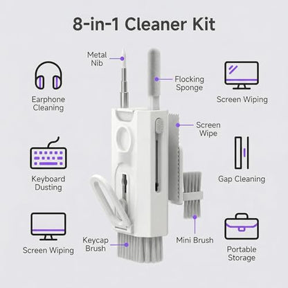 8-in-1 Electronics Cleaning Kit, Multifunctional Earphone Cleaning Pen with Soft Brush and Flocking Sponge for Wireless Earbuds Keyboard and Phone, White, 1 Pack - color: White