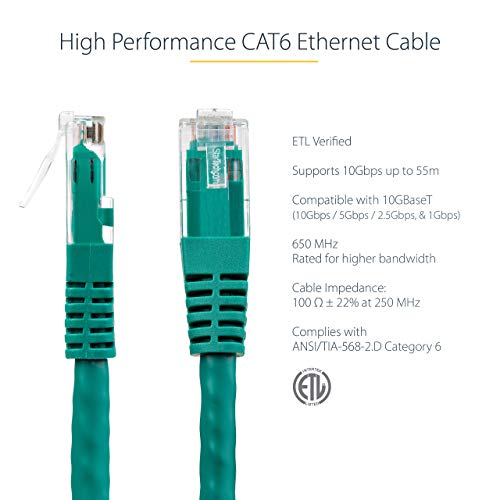 StarTech 3ft CAT6 Ethernet Cable - Green CAT 6 Gigabit Ethernet Wire -250Mhz 100W PoE RJ45 UTP Molded Network Patch Cord with Strain Relief (C6PATCH3GN) | 250MHz bandwidth, Gold-plated RJ45, Patch Cable, Ethernet Cord, UTP Molded Network, Strain Relief, 1