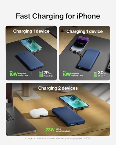 Belkin Portable Charger Power Bank for iPhone/Android (10,000mAh), 23W Battery Pack with Integrated USB-C, Lightning Cables, Pass-Through Capability, Charge 2 Devices at Once, Phone Charger Power Bank - color: Blue