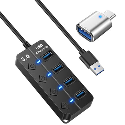 KLAQQED USB Hub - 3.0, 4-Port USB Station Hub with Individual Switches - Expander Hub for Laptop/MacBook, Flash Drives, Mobile HDD, Printer - style: USB Hub
