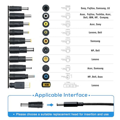 Universal Charger Supply 100W PD Power Cable, USB C to DC Adapters 10PCS Power Plug Kit, 5.5x2.1mm Round Barrel Jack for Sony Toshiba Samsung Acer Asus Lenovo Dell HP Laptop Charging Connector Tips
