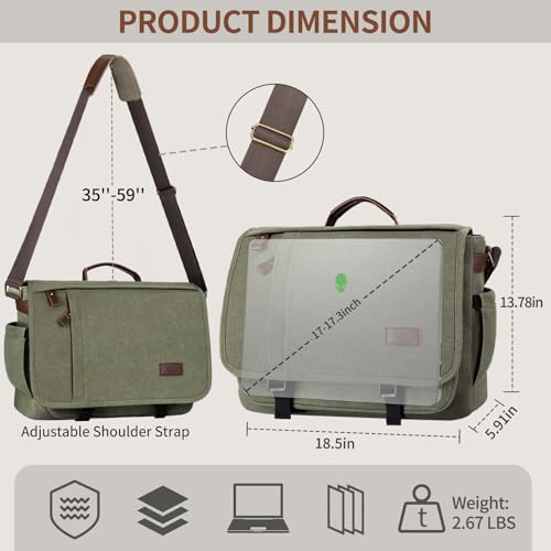 ESTARER Men's Messenger Bag 17.3 Inch, Water-resistant Canvas Laptop Bag, Computer Shoulder Bag for College Travel Work, Army Green - color: 17.3" Buckle-army Green